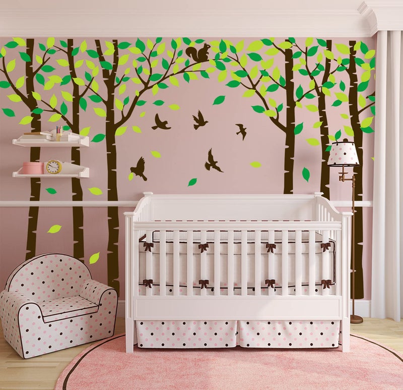 MAFENT Giant Family Tree Wall Decals Forest Birch Tree Wall Stickers Birds Wall Art for Kids Room Nursery Bedroom Living Room Decoration(Dark Brown and Green) - Image 2